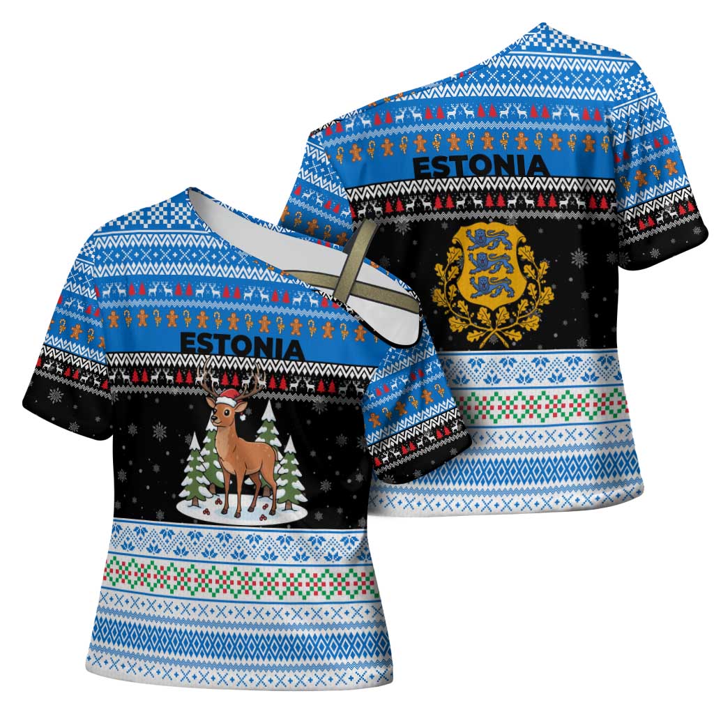 Estonia Christmas Cross Shoulder Shirt with Reindeer Gingerbread Snowflakes National Emblem and Winter Forest - Wonder Print Shop