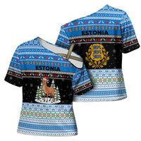 Estonia Christmas Cross Shoulder Shirt with Reindeer Gingerbread Snowflakes National Emblem and Winter Forest - Wonder Print Shop
