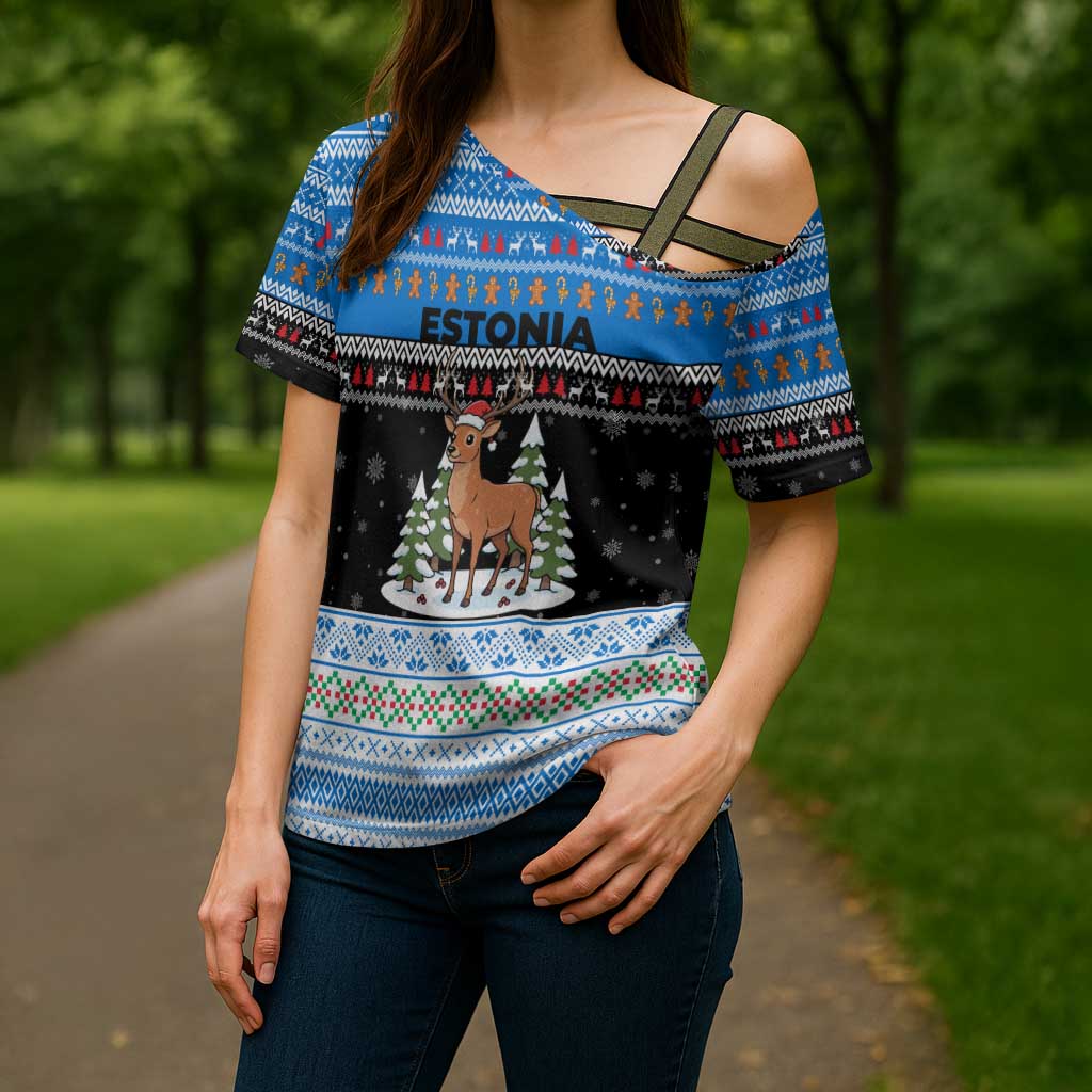 Estonia Christmas Cross Shoulder Shirt with Reindeer Gingerbread Snowflakes National Emblem and Winter Forest - Wonder Print Shop