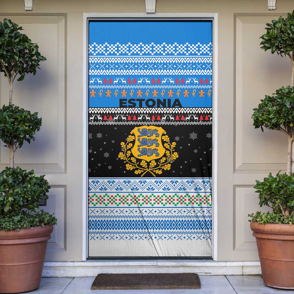 Estonia Christmas Door Cover with Reindeer Gingerbread Snowflakes National Emblem and Winter Forest - Wonder Print Shop