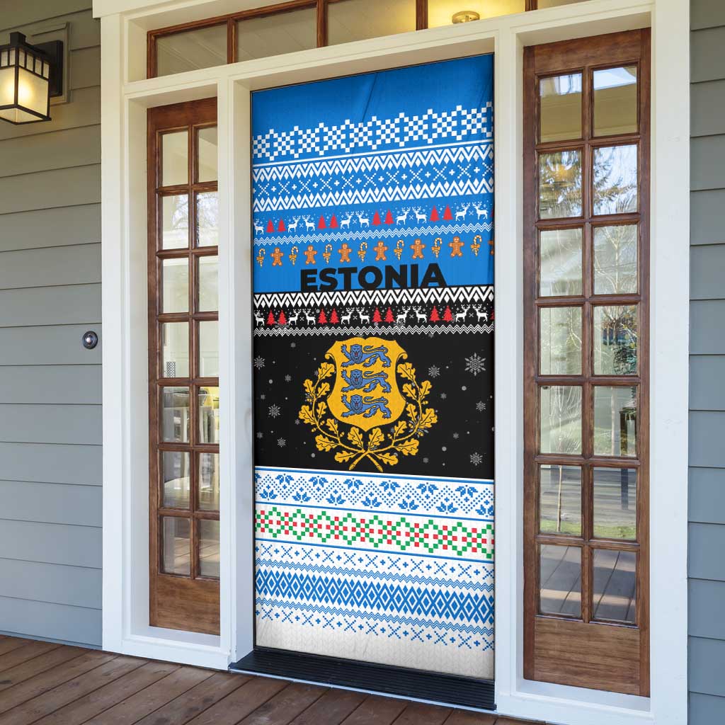 Estonia Christmas Door Cover with Reindeer Gingerbread Snowflakes National Emblem and Winter Forest - Wonder Print Shop