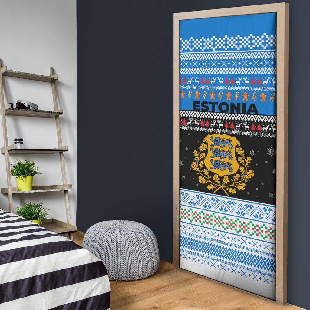 Estonia Christmas Door Cover with Reindeer Gingerbread Snowflakes National Emblem and Winter Forest - Wonder Print Shop