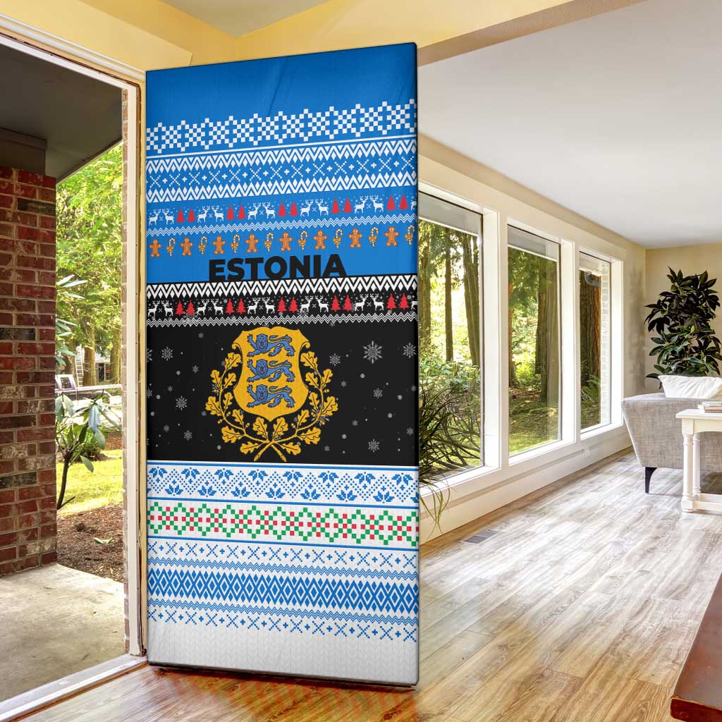 Estonia Christmas Door Cover with Reindeer Gingerbread Snowflakes National Emblem and Winter Forest - Wonder Print Shop