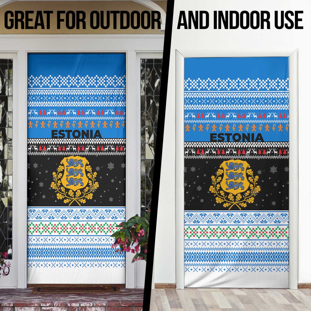 Estonia Christmas Door Cover with Reindeer Gingerbread Snowflakes National Emblem and Winter Forest - Wonder Print Shop