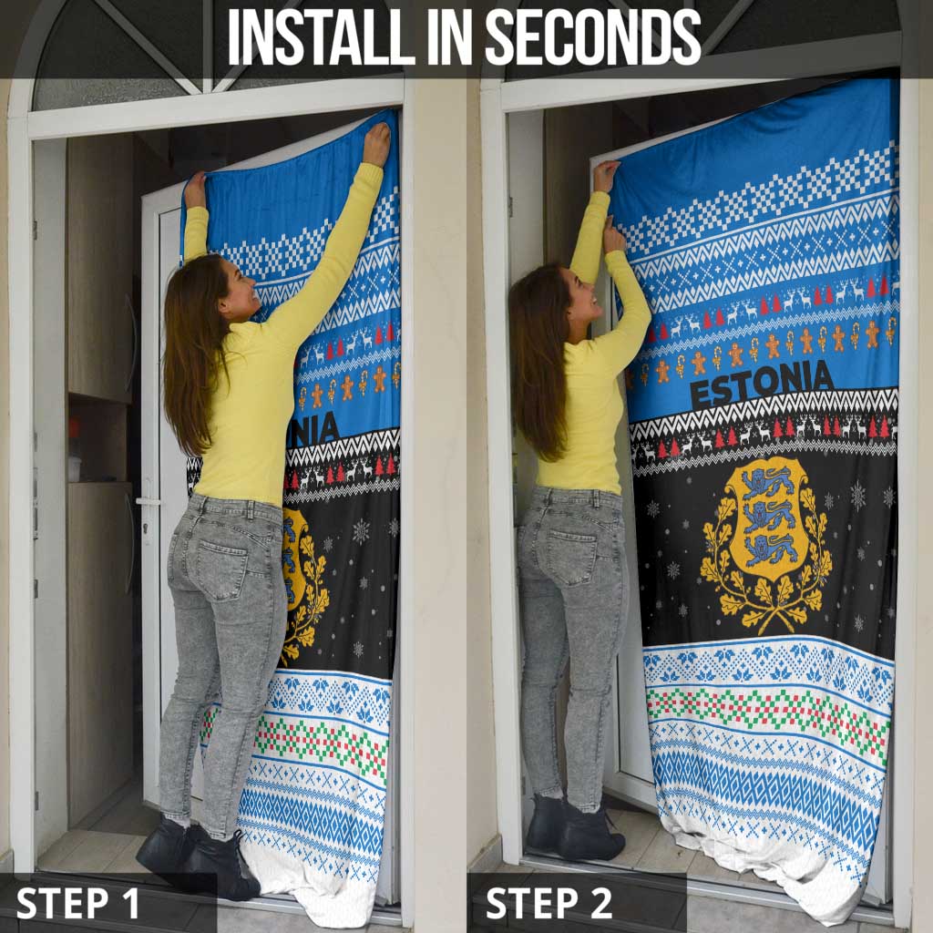 Estonia Christmas Door Cover with Reindeer Gingerbread Snowflakes National Emblem and Winter Forest - Wonder Print Shop