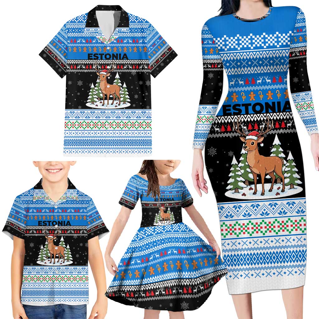 Estonia Christmas Family Matching Long Sleeve Bodycon Dress and Hawaiian Shirt with Reindeer Gingerbread Snowflakes National Emblem and Winter Forest - Wonder Print Shop
