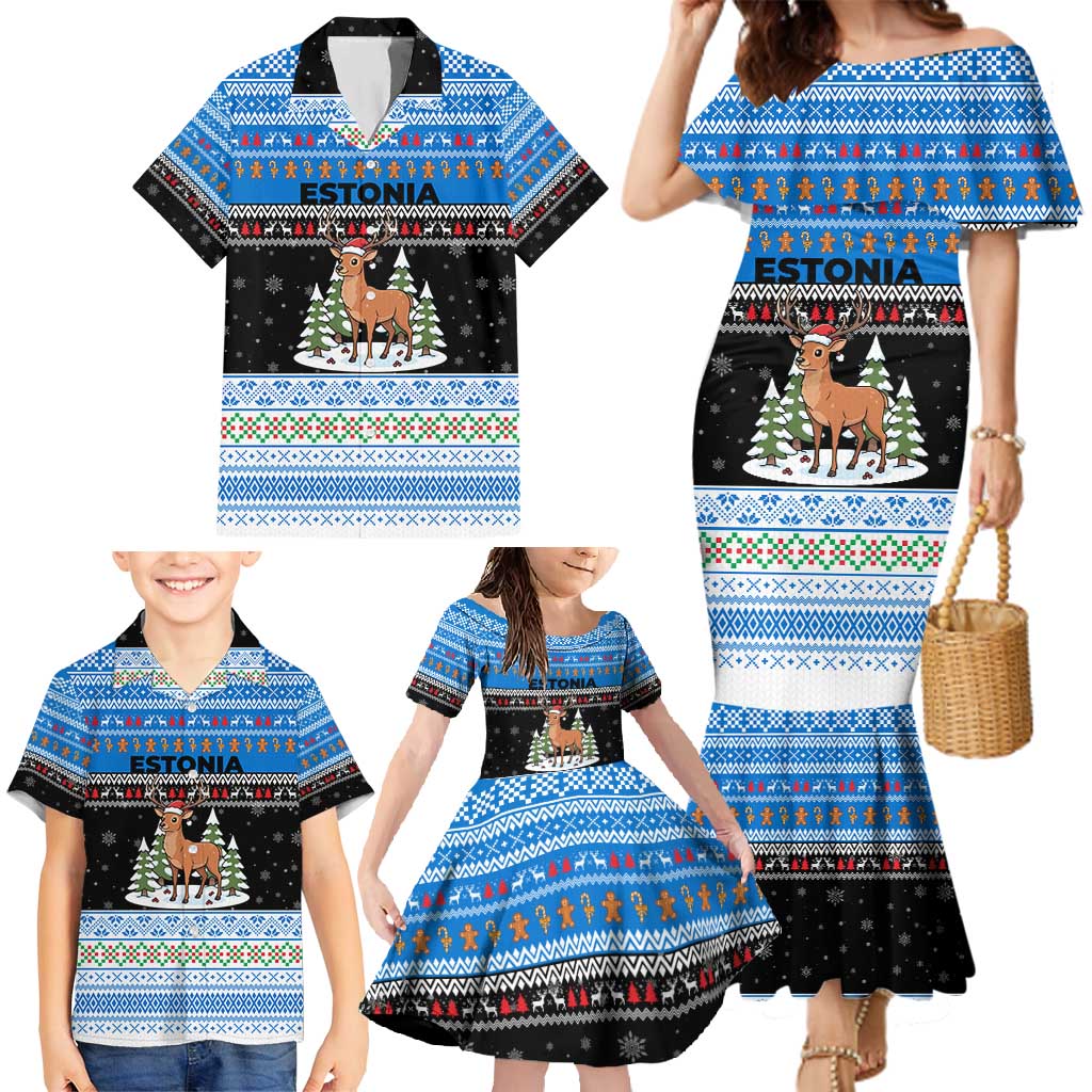 Estonia Christmas Family Matching Mermaid Dress and Hawaiian Shirt with Reindeer Gingerbread Snowflakes National Emblem and Winter Forest - Wonder Print Shop