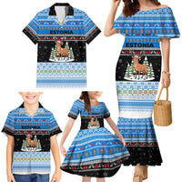 Estonia Christmas Family Matching Mermaid Dress and Hawaiian Shirt with Reindeer Gingerbread Snowflakes National Emblem and Winter Forest - Wonder Print Shop