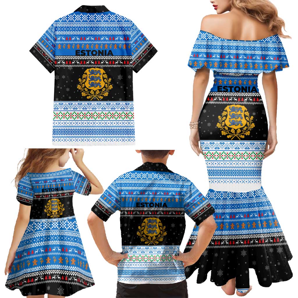 Estonia Christmas Family Matching Mermaid Dress and Hawaiian Shirt with Reindeer Gingerbread Snowflakes National Emblem and Winter Forest - Wonder Print Shop
