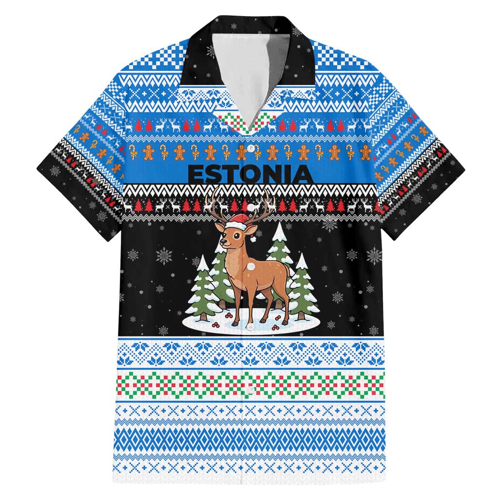 Estonia Christmas Family Matching Mermaid Dress and Hawaiian Shirt with Reindeer Gingerbread Snowflakes National Emblem and Winter Forest - Wonder Print Shop
