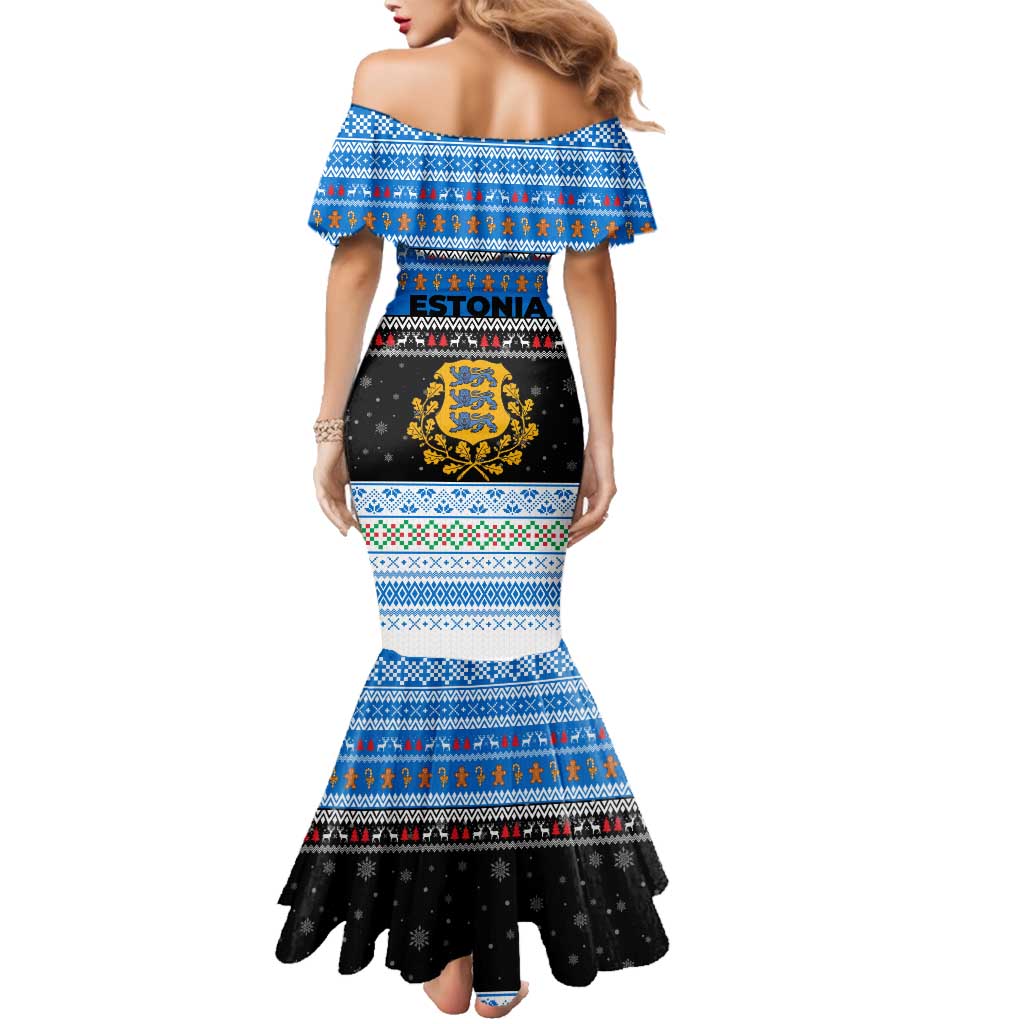 Estonia Christmas Family Matching Mermaid Dress and Hawaiian Shirt with Reindeer Gingerbread Snowflakes National Emblem and Winter Forest - Wonder Print Shop