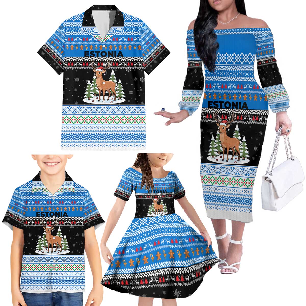 Estonia Christmas Family Matching Off The Shoulder Long Sleeve Dress and Hawaiian Shirt with Reindeer Gingerbread Snowflakes National Emblem and Winter Forest - Wonder Print Shop