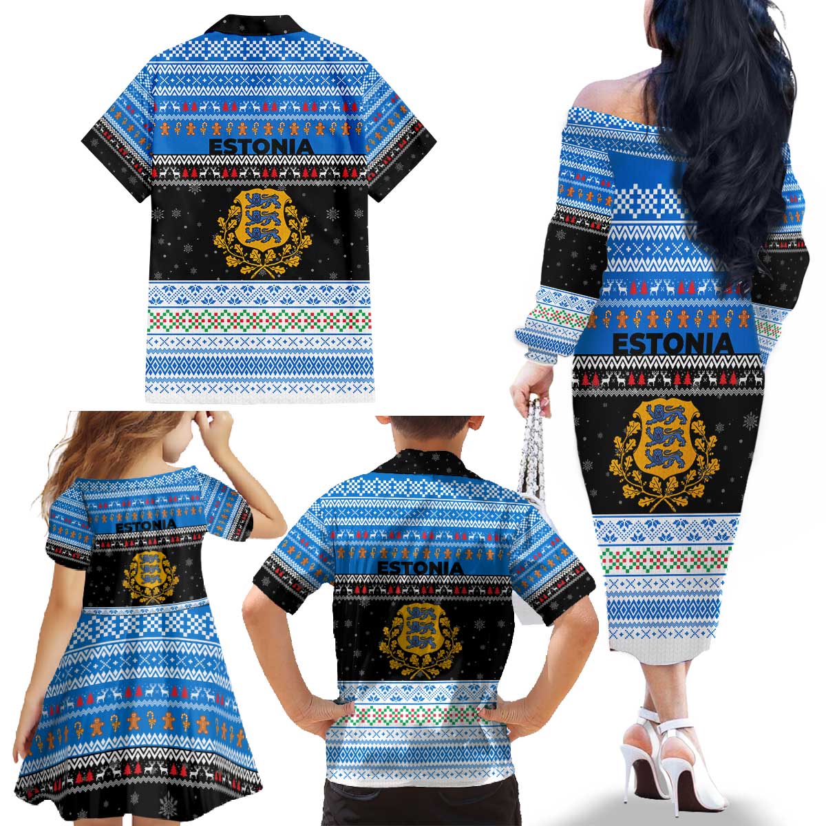 Estonia Christmas Family Matching Off The Shoulder Long Sleeve Dress and Hawaiian Shirt with Reindeer Gingerbread Snowflakes National Emblem and Winter Forest - Wonder Print Shop