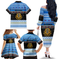 Estonia Christmas Family Matching Off The Shoulder Long Sleeve Dress and Hawaiian Shirt with Reindeer Gingerbread Snowflakes National Emblem and Winter Forest - Wonder Print Shop