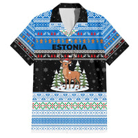 Estonia Christmas Family Matching Off The Shoulder Long Sleeve Dress and Hawaiian Shirt with Reindeer Gingerbread Snowflakes National Emblem and Winter Forest - Wonder Print Shop