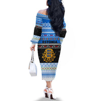 Estonia Christmas Family Matching Off The Shoulder Long Sleeve Dress and Hawaiian Shirt with Reindeer Gingerbread Snowflakes National Emblem and Winter Forest - Wonder Print Shop