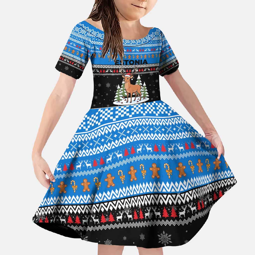 Estonia Christmas Family Matching Off Shoulder Maxi Dress and Hawaiian Shirt with Reindeer Gingerbread Snowflakes National Emblem and Winter Forest - Wonder Print Shop