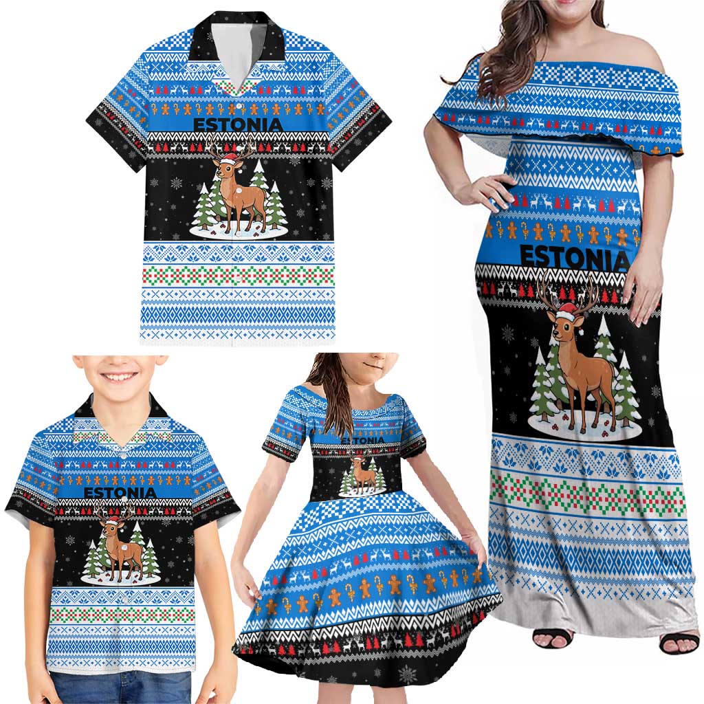 Estonia Christmas Family Matching Off Shoulder Maxi Dress and Hawaiian Shirt with Reindeer Gingerbread Snowflakes National Emblem and Winter Forest - Wonder Print Shop