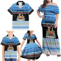 Estonia Christmas Family Matching Off Shoulder Maxi Dress and Hawaiian Shirt with Reindeer Gingerbread Snowflakes National Emblem and Winter Forest - Wonder Print Shop