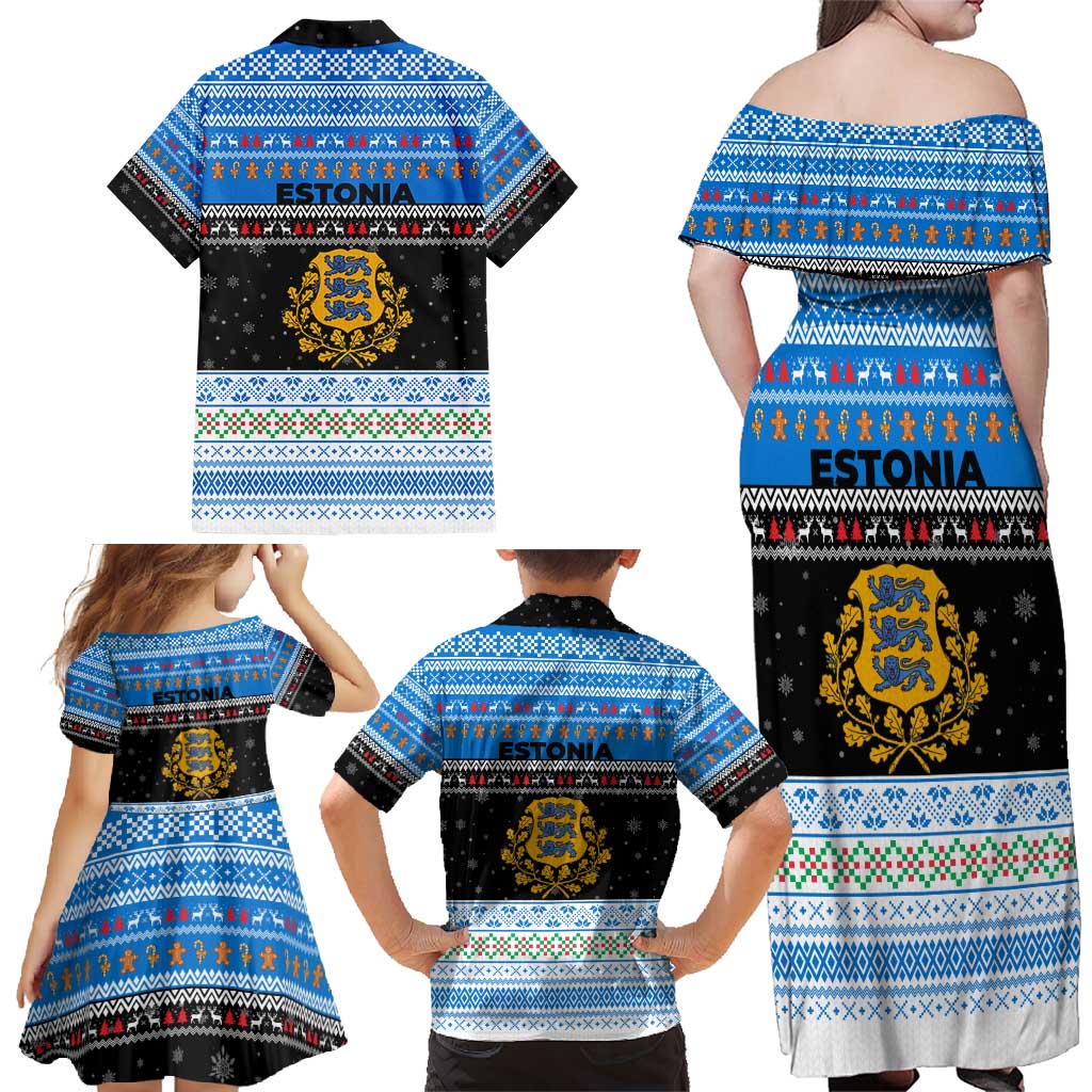 Estonia Christmas Family Matching Off Shoulder Maxi Dress and Hawaiian Shirt with Reindeer Gingerbread Snowflakes National Emblem and Winter Forest - Wonder Print Shop