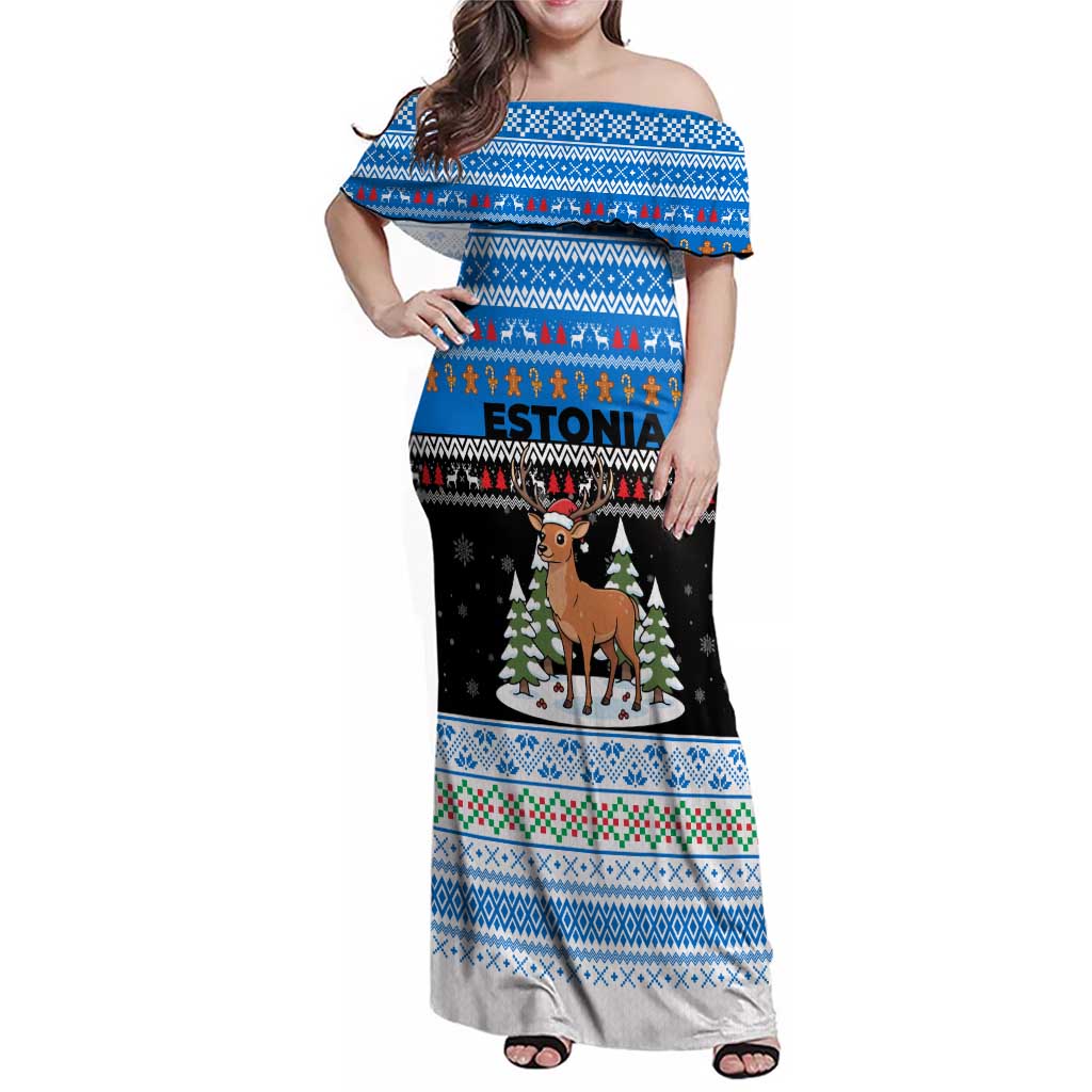 Estonia Christmas Family Matching Off Shoulder Maxi Dress and Hawaiian Shirt with Reindeer Gingerbread Snowflakes National Emblem and Winter Forest - Wonder Print Shop