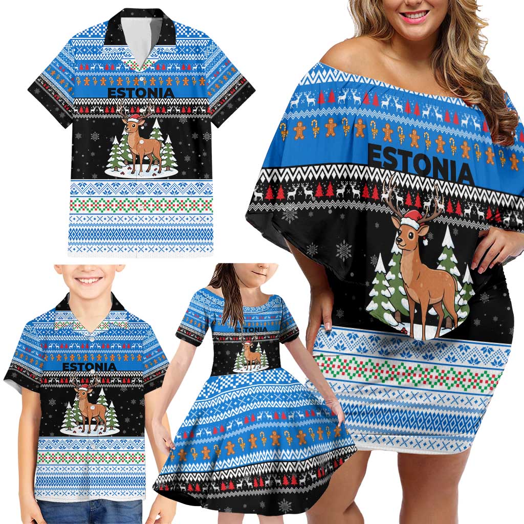 Estonia Christmas Family Matching Off Shoulder Short Dress and Hawaiian Shirt with Reindeer Gingerbread Snowflakes National Emblem and Winter Forest - Wonder Print Shop