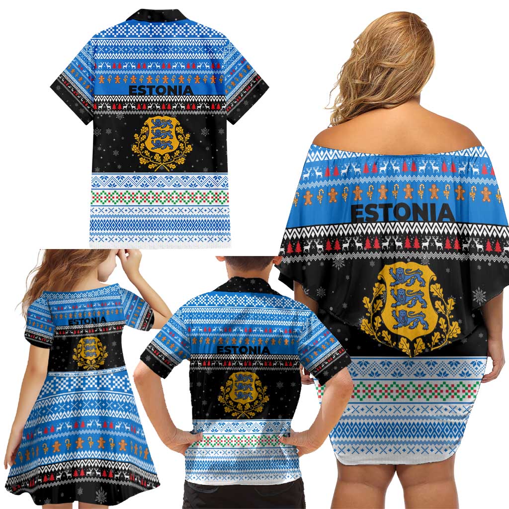 Estonia Christmas Family Matching Off Shoulder Short Dress and Hawaiian Shirt with Reindeer Gingerbread Snowflakes National Emblem and Winter Forest - Wonder Print Shop