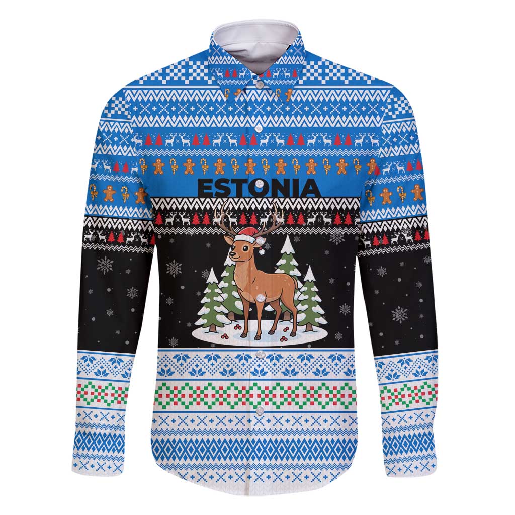 Estonia Christmas Family Matching Off Shoulder Short Dress and Hawaiian Shirt with Reindeer Gingerbread Snowflakes National Emblem and Winter Forest - Wonder Print Shop