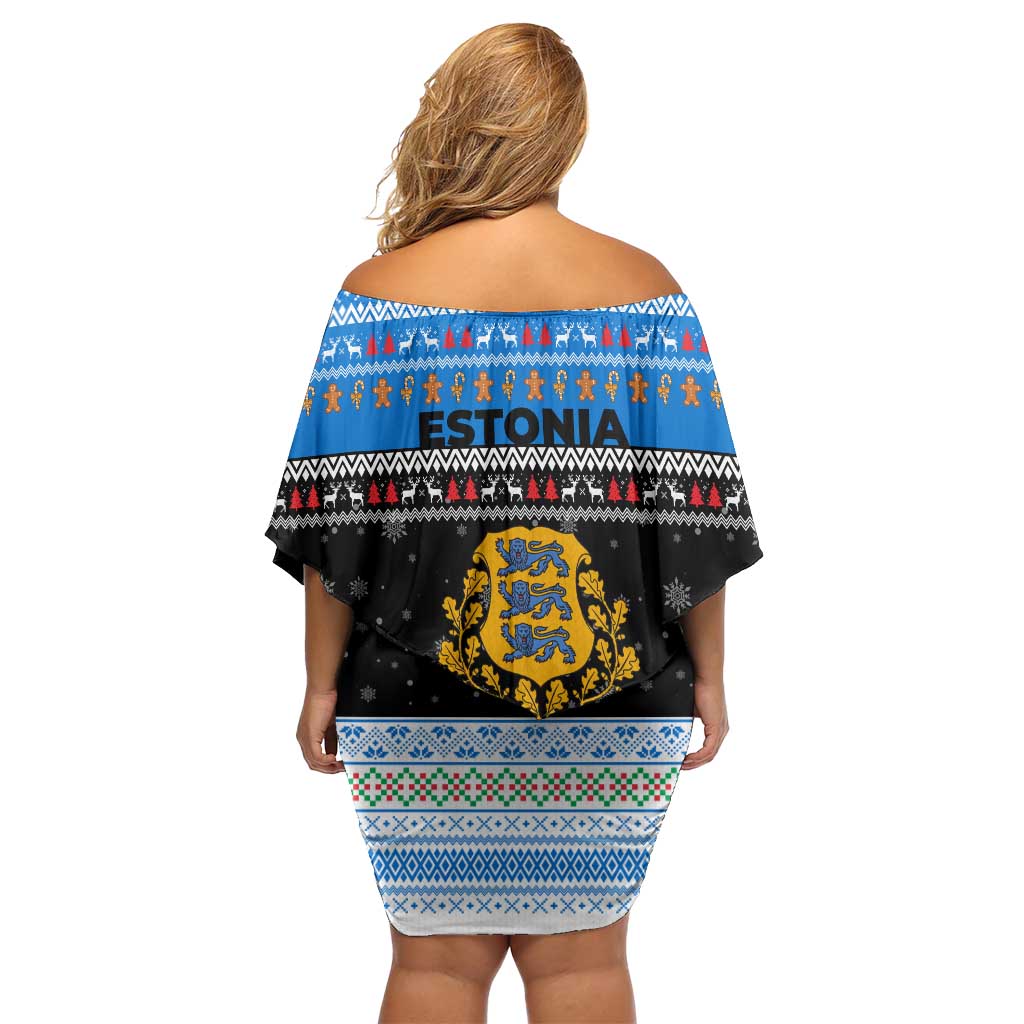 Estonia Christmas Family Matching Off Shoulder Short Dress and Hawaiian Shirt with Reindeer Gingerbread Snowflakes National Emblem and Winter Forest - Wonder Print Shop