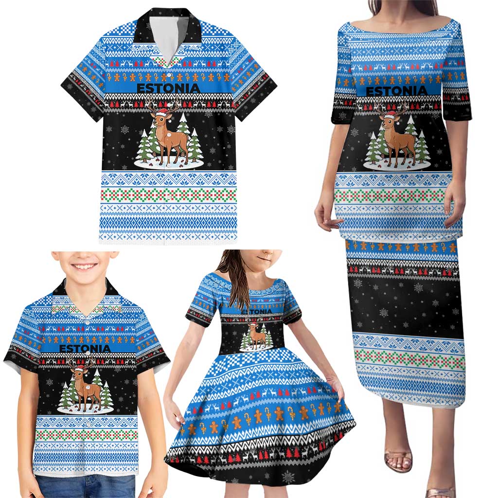 Estonia Christmas Family Matching Puletasi and Hawaiian Shirt with Reindeer Gingerbread Snowflakes National Emblem and Winter Forest - Wonder Print Shop