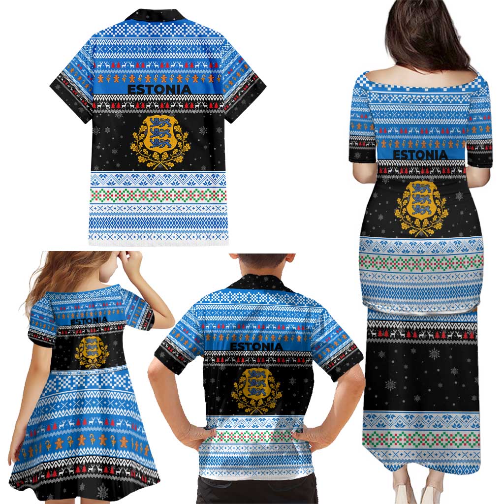 Estonia Christmas Family Matching Puletasi and Hawaiian Shirt with Reindeer Gingerbread Snowflakes National Emblem and Winter Forest - Wonder Print Shop