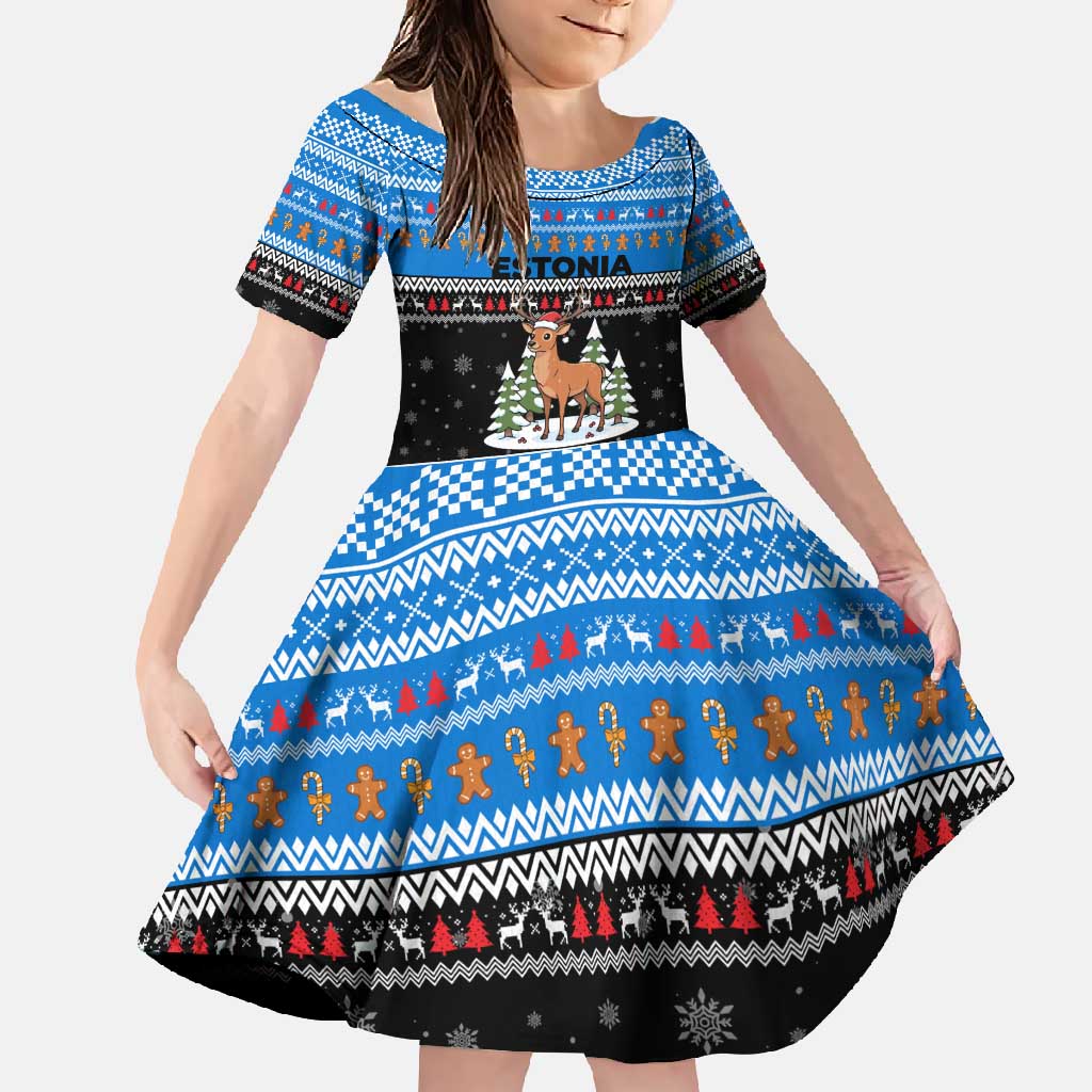 Estonia Christmas Family Matching Short Sleeve Bodycon Dress and Hawaiian Shirt with Reindeer Gingerbread Snowflakes National Emblem and Winter Forest - Wonder Print Shop