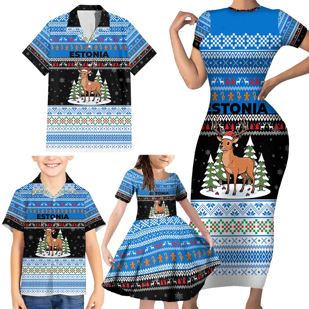 Estonia Christmas Family Matching Short Sleeve Bodycon Dress and Hawaiian Shirt with Reindeer Gingerbread Snowflakes National Emblem and Winter Forest - Wonder Print Shop