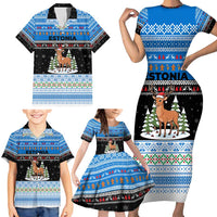 Estonia Christmas Family Matching Short Sleeve Bodycon Dress and Hawaiian Shirt with Reindeer Gingerbread Snowflakes National Emblem and Winter Forest - Wonder Print Shop