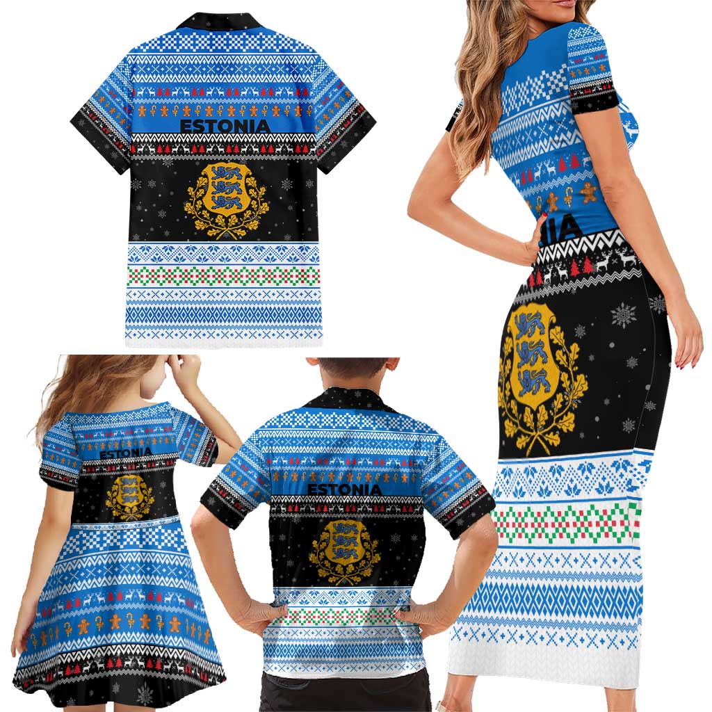Estonia Christmas Family Matching Short Sleeve Bodycon Dress and Hawaiian Shirt with Reindeer Gingerbread Snowflakes National Emblem and Winter Forest - Wonder Print Shop