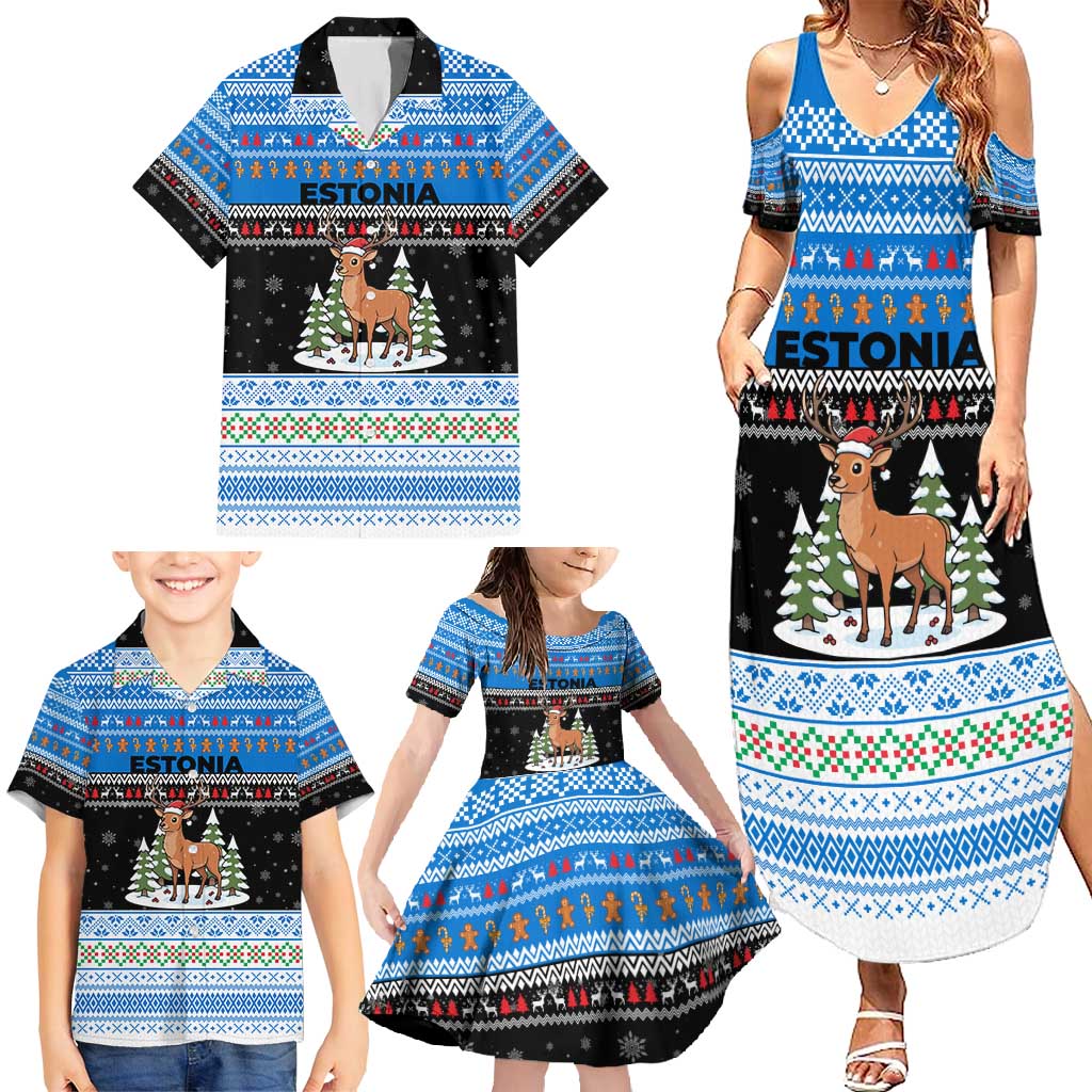 Estonia Christmas Family Matching Summer Maxi Dress and Hawaiian Shirt with Reindeer Gingerbread Snowflakes National Emblem and Winter Forest - Wonder Print Shop