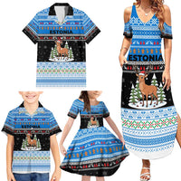 Estonia Christmas Family Matching Summer Maxi Dress and Hawaiian Shirt with Reindeer Gingerbread Snowflakes National Emblem and Winter Forest - Wonder Print Shop