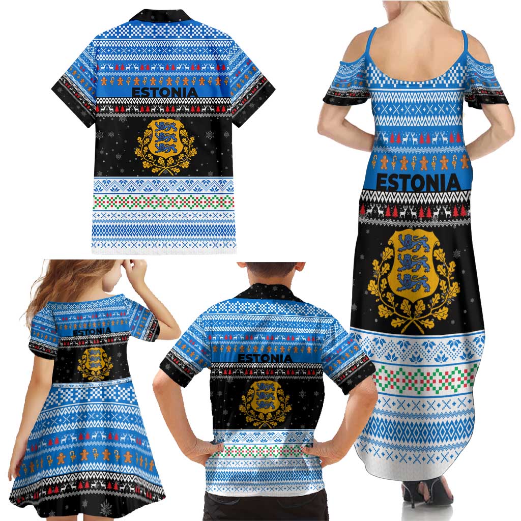 Estonia Christmas Family Matching Summer Maxi Dress and Hawaiian Shirt with Reindeer Gingerbread Snowflakes National Emblem and Winter Forest - Wonder Print Shop