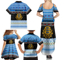 Estonia Christmas Family Matching Summer Maxi Dress and Hawaiian Shirt with Reindeer Gingerbread Snowflakes National Emblem and Winter Forest - Wonder Print Shop