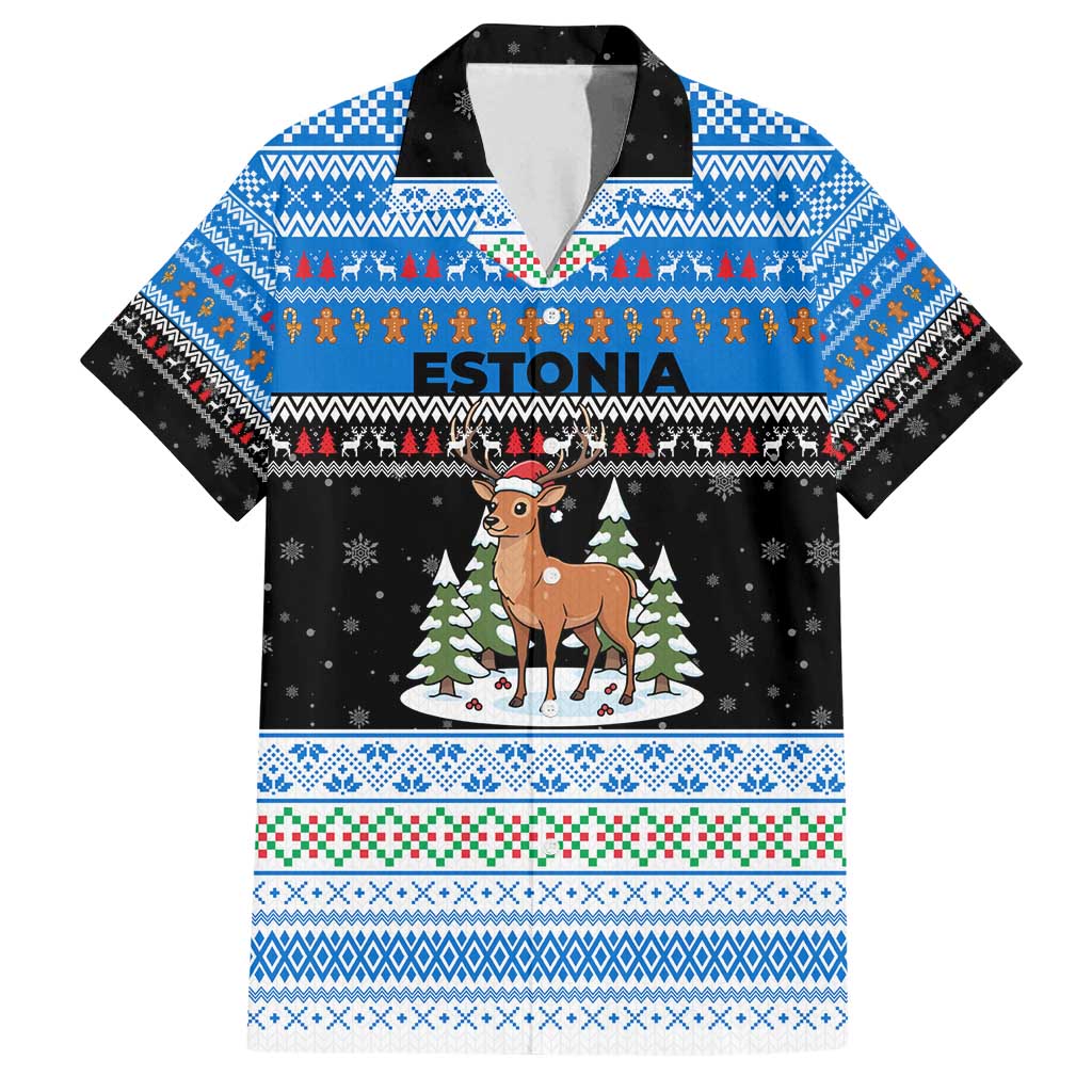 Estonia Christmas Family Matching Summer Maxi Dress and Hawaiian Shirt with Reindeer Gingerbread Snowflakes National Emblem and Winter Forest - Wonder Print Shop