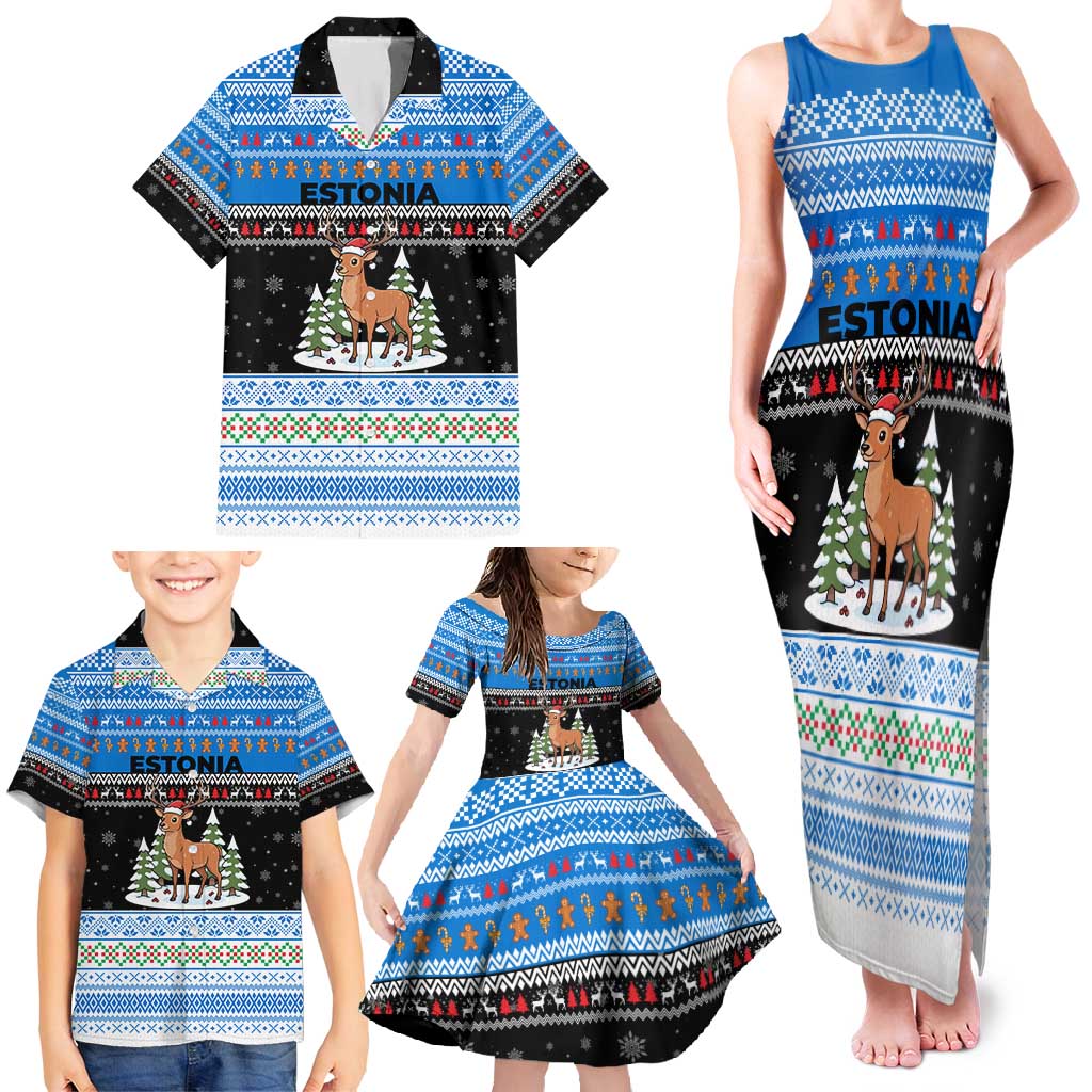 Estonia Christmas Family Matching Tank Maxi Dress and Hawaiian Shirt with Reindeer Gingerbread Snowflakes National Emblem and Winter Forest - Wonder Print Shop
