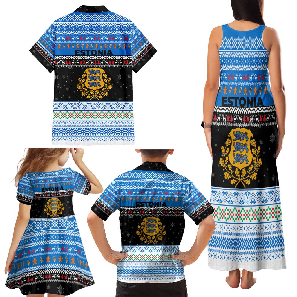 Estonia Christmas Family Matching Tank Maxi Dress and Hawaiian Shirt with Reindeer Gingerbread Snowflakes National Emblem and Winter Forest - Wonder Print Shop