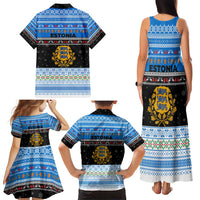 Estonia Christmas Family Matching Tank Maxi Dress and Hawaiian Shirt with Reindeer Gingerbread Snowflakes National Emblem and Winter Forest - Wonder Print Shop