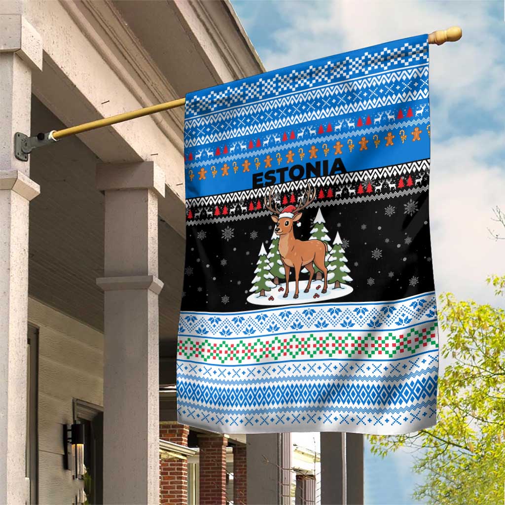 Estonia Christmas Garden Flag with Reindeer Gingerbread Snowflakes National Emblem and Winter Forest - Wonder Print Shop