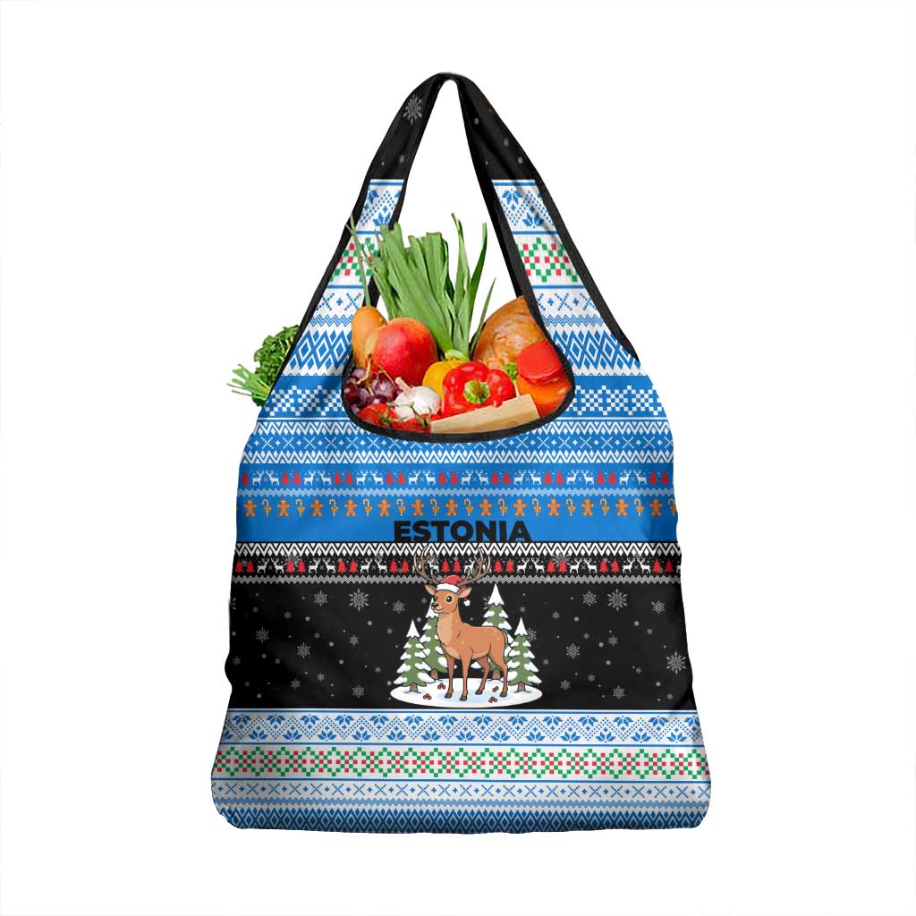 Estonia Christmas Grocery Bag with Reindeer Gingerbread Snowflakes National Emblem and Winter Forest - Wonder Print Shop