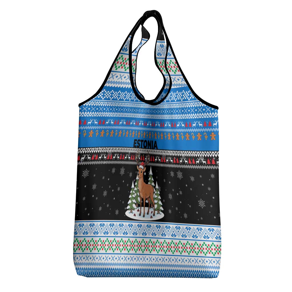 Estonia Christmas Grocery Bag with Reindeer Gingerbread Snowflakes National Emblem and Winter Forest - Wonder Print Shop