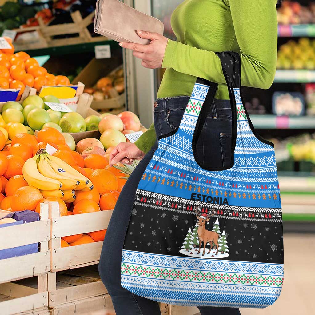 Estonia Christmas Grocery Bag with Reindeer Gingerbread Snowflakes National Emblem and Winter Forest - Wonder Print Shop