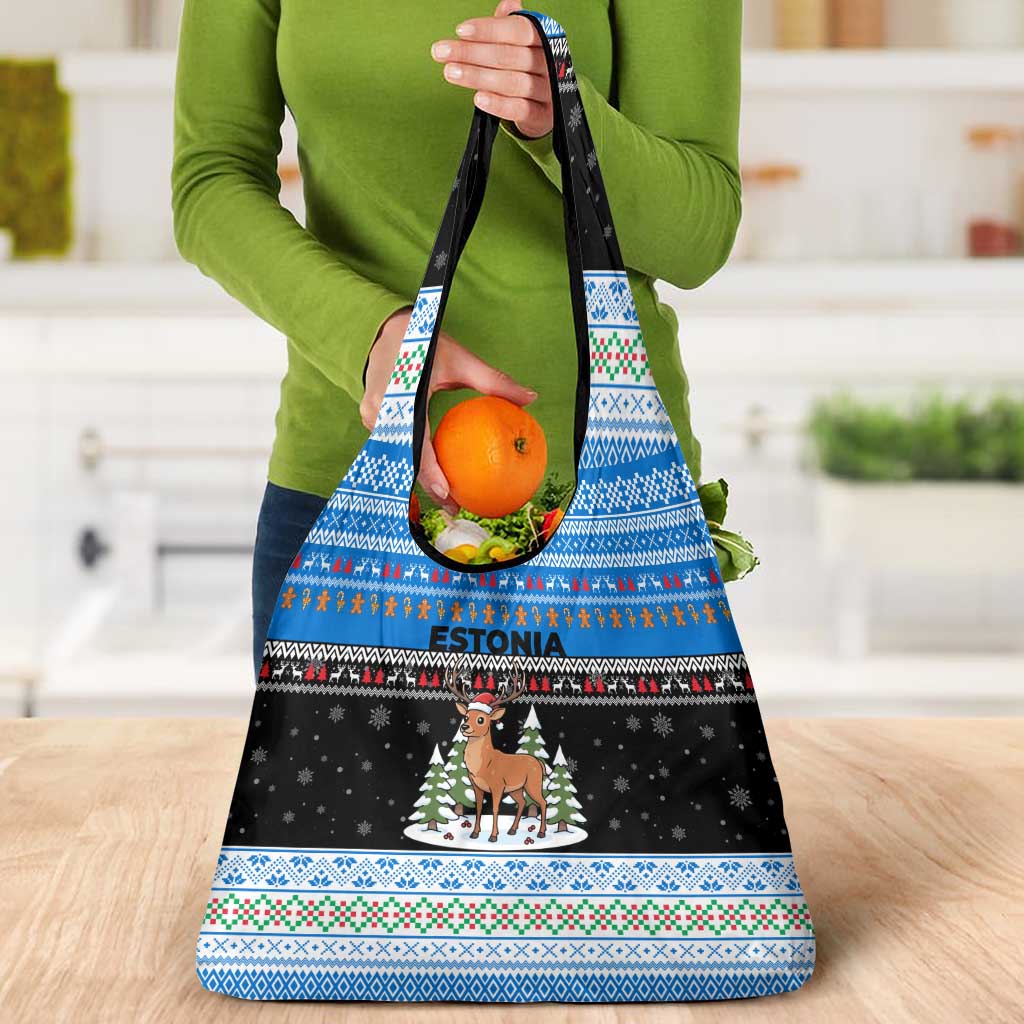 Estonia Christmas Grocery Bag with Reindeer Gingerbread Snowflakes National Emblem and Winter Forest - Wonder Print Shop
