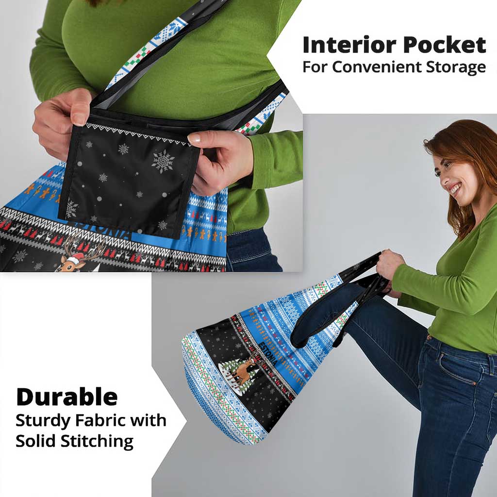 Estonia Christmas Grocery Bag with Reindeer Gingerbread Snowflakes National Emblem and Winter Forest - Wonder Print Shop