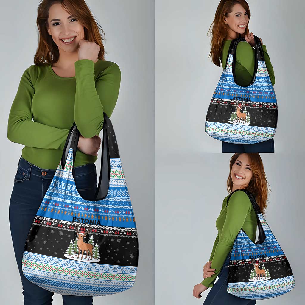 Estonia Christmas Grocery Bag with Reindeer Gingerbread Snowflakes National Emblem and Winter Forest - Wonder Print Shop